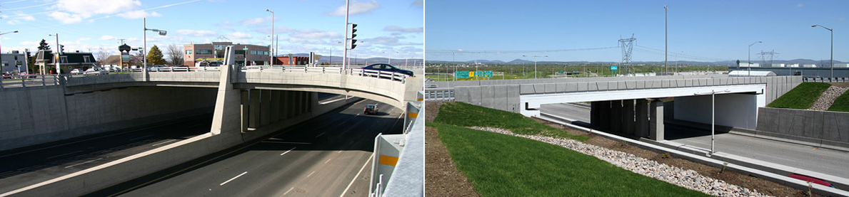 Les ponts d’étagement du chemin Sainte-Foy et de l'Avenue Blaise-Pascal surplombant l’autoroute Duplessis (540). Photo ministère des Transports du Québec